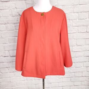 Chico's Sz 3 Square Cut Crepe Jacket Coral Orange Boxy Gold Button Chicos XL 16
